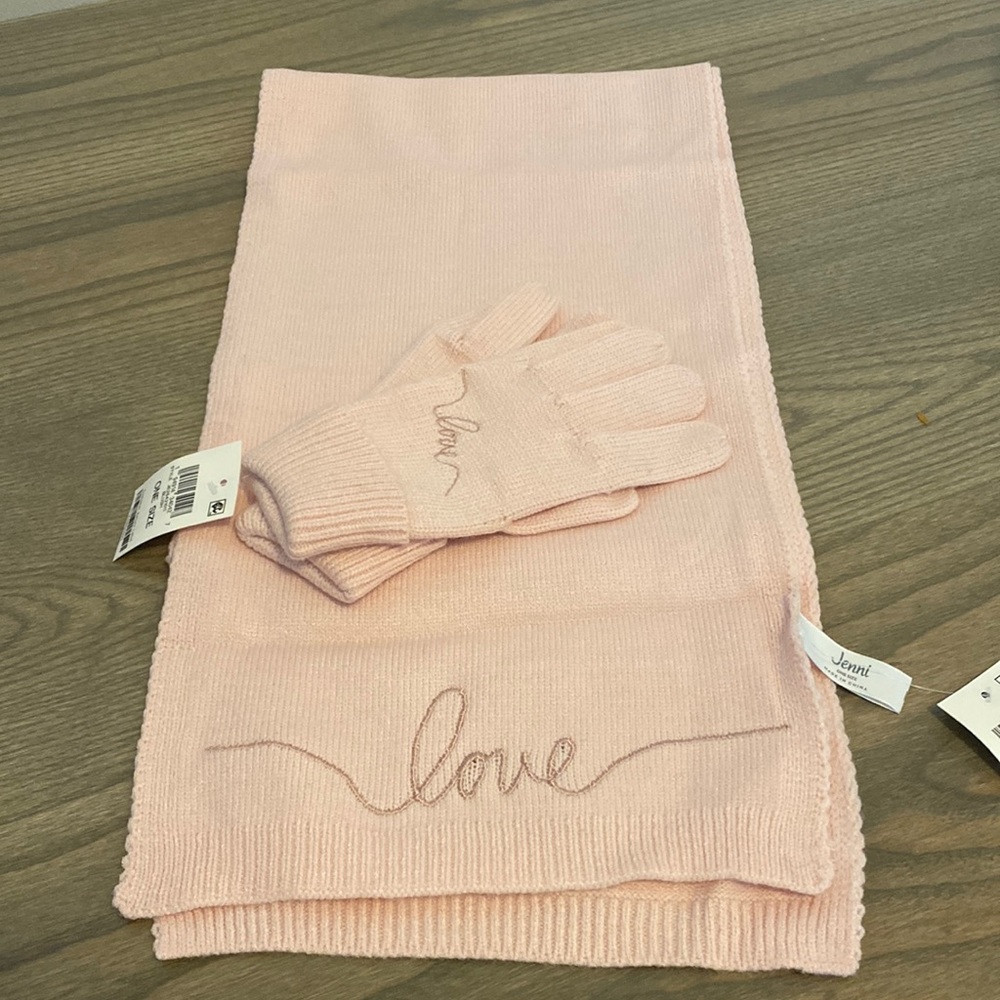 NWT light pink “love” scarf and glove set